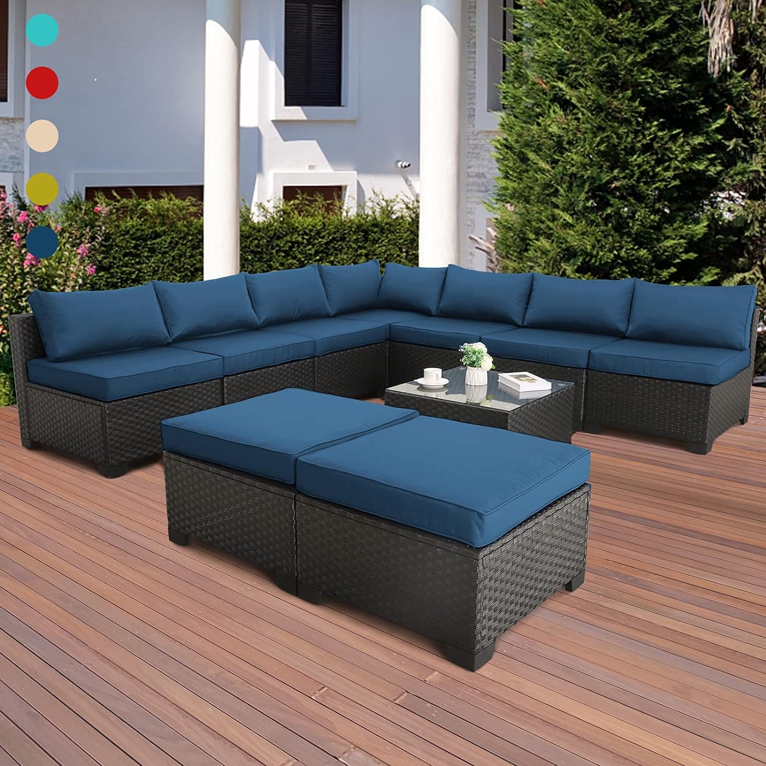 10 Pieces Patio Sectional Furniture Set Outdoor Wicker Conversation Sofa Couch with Blue Non-Slip Cushions Furniture Cover Black PE Rattan