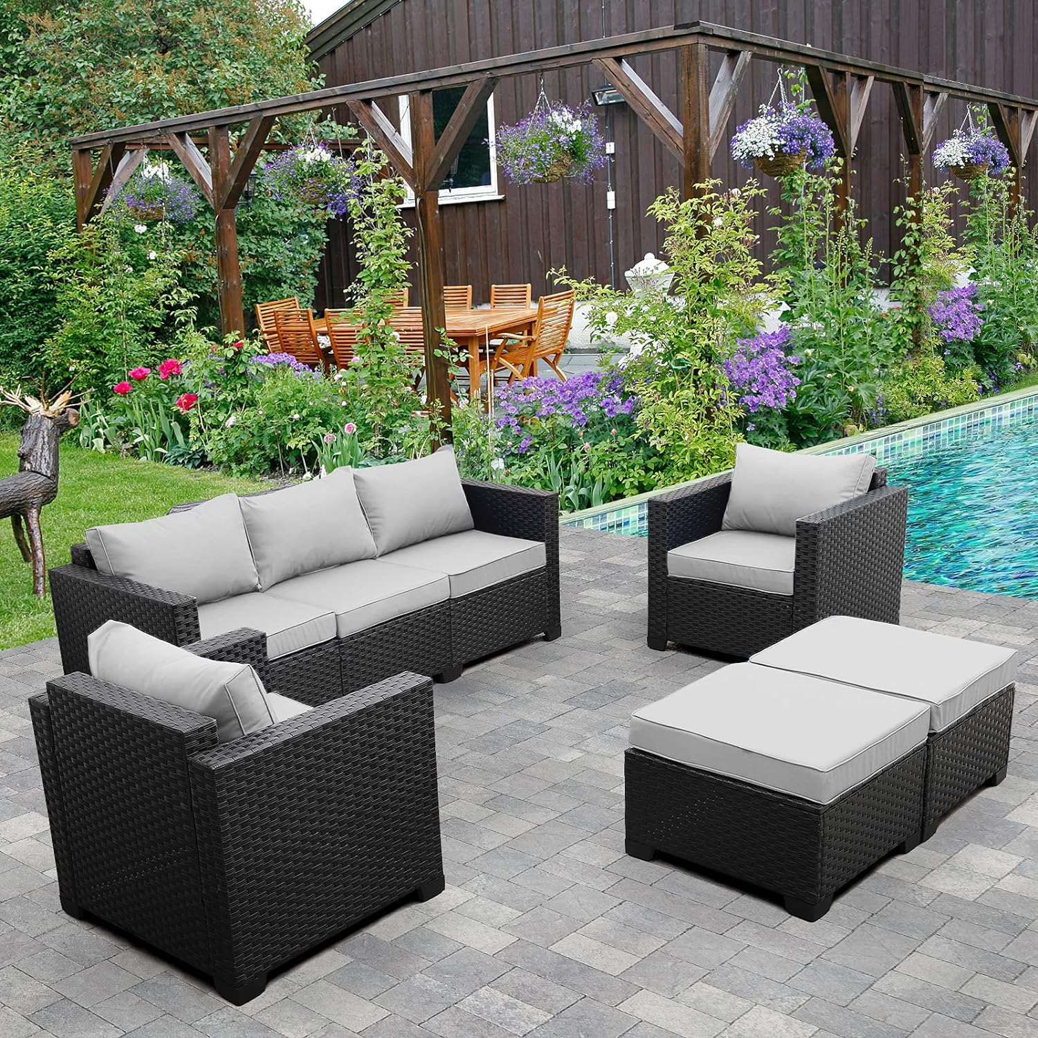 Rattaner Outdoor Wicker Furniture Couch Set 5 Pieces Patio Furniture Sectional Sofa with Grey No-Slip Cushions and Waterproof Covers