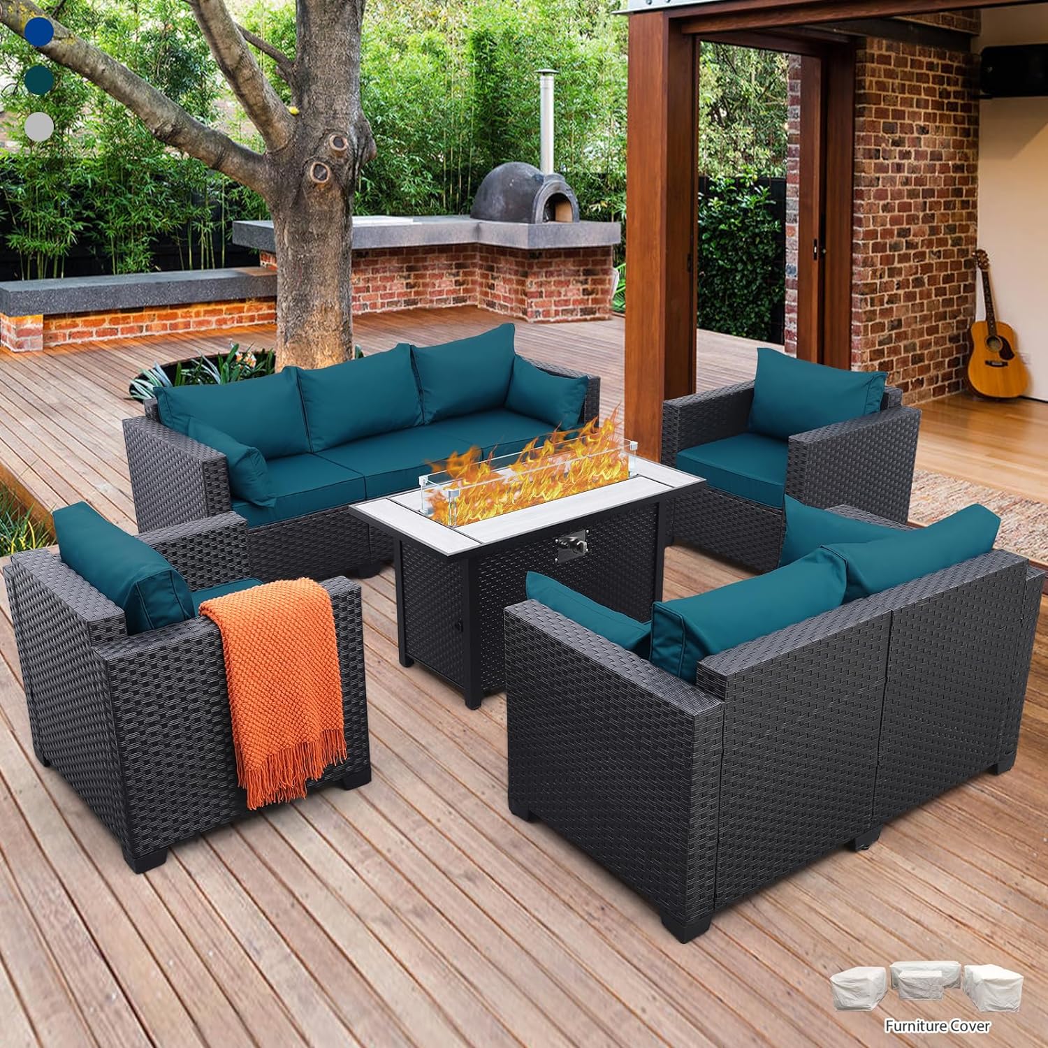 Patio Furniture Set with 45In Fire Pit 5 Pieces Outdoor Furniture Sets Patio Couch Outdoor Chairs 60000 BTU Wicker Propane Fire Pit Table with No-slip Cushions and Waterproof Covers, Peacock Blue