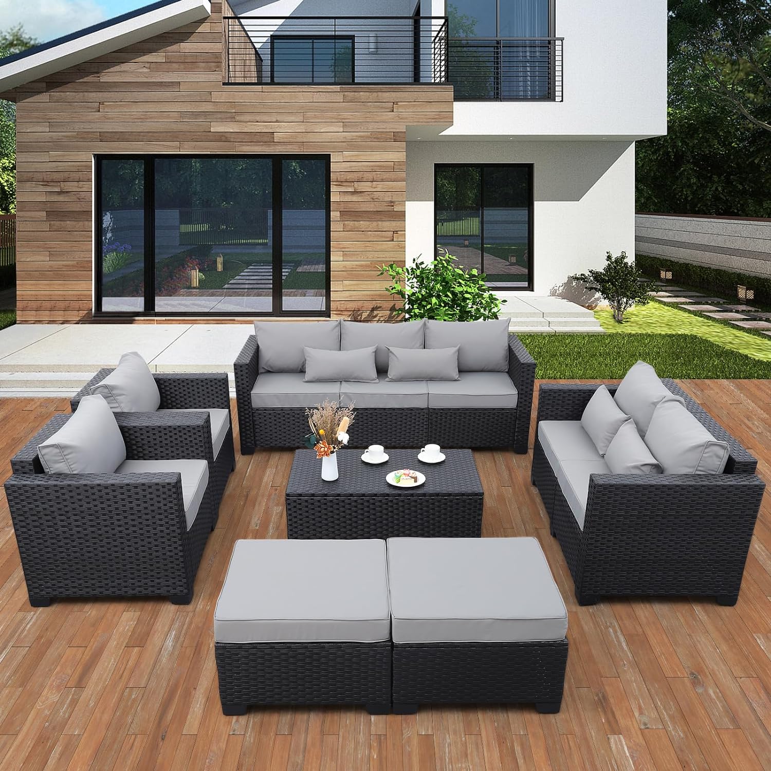 Rattaner Patio Furniture Sets 7 Pieces Outdoor Furniture Sectional Patio Couches Set Storage Table No-Slip Grey Cushions and Waterproof Covers