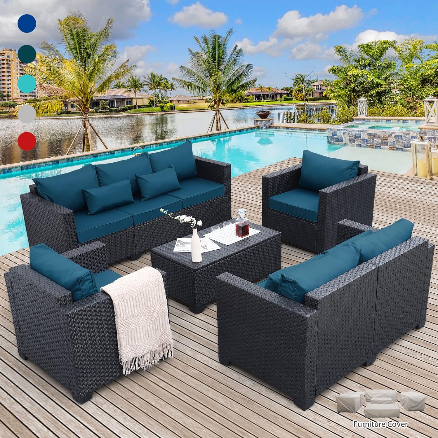 Rattaner Patio Furniture Set 5 Pieces Outdoor Furniture Sets Patio Couch Outdoor Chairs Coffee Table Peacock Blue Anti-Slip Cushions and Waterproof Covers