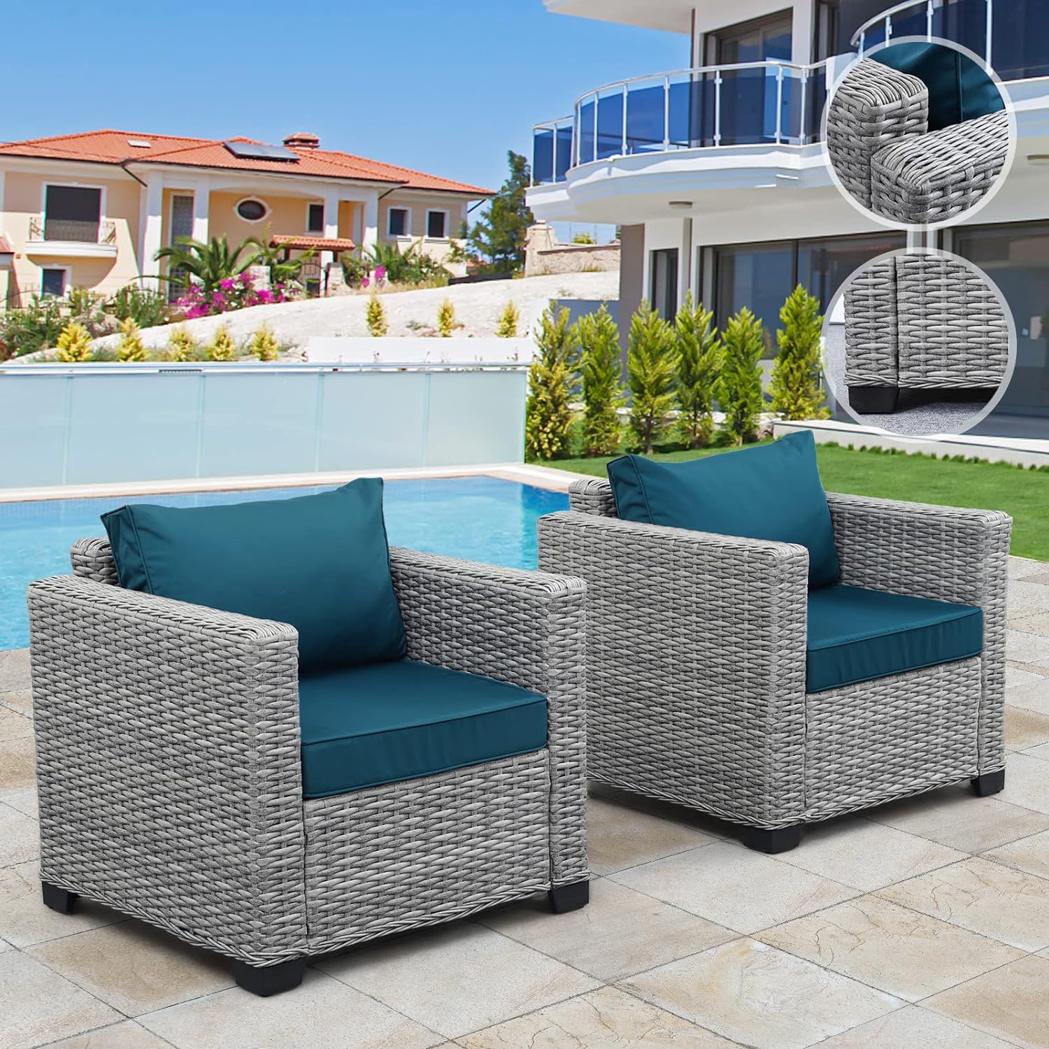 Rattaner Patio Single Sofa Chairs Outdoor Chairs Set of 2 Outdoor Sofa Accent Chair Outdoor Furniture Club Chair with Anti-Slip Cushions and Waterproof Cover, Peacock Blue