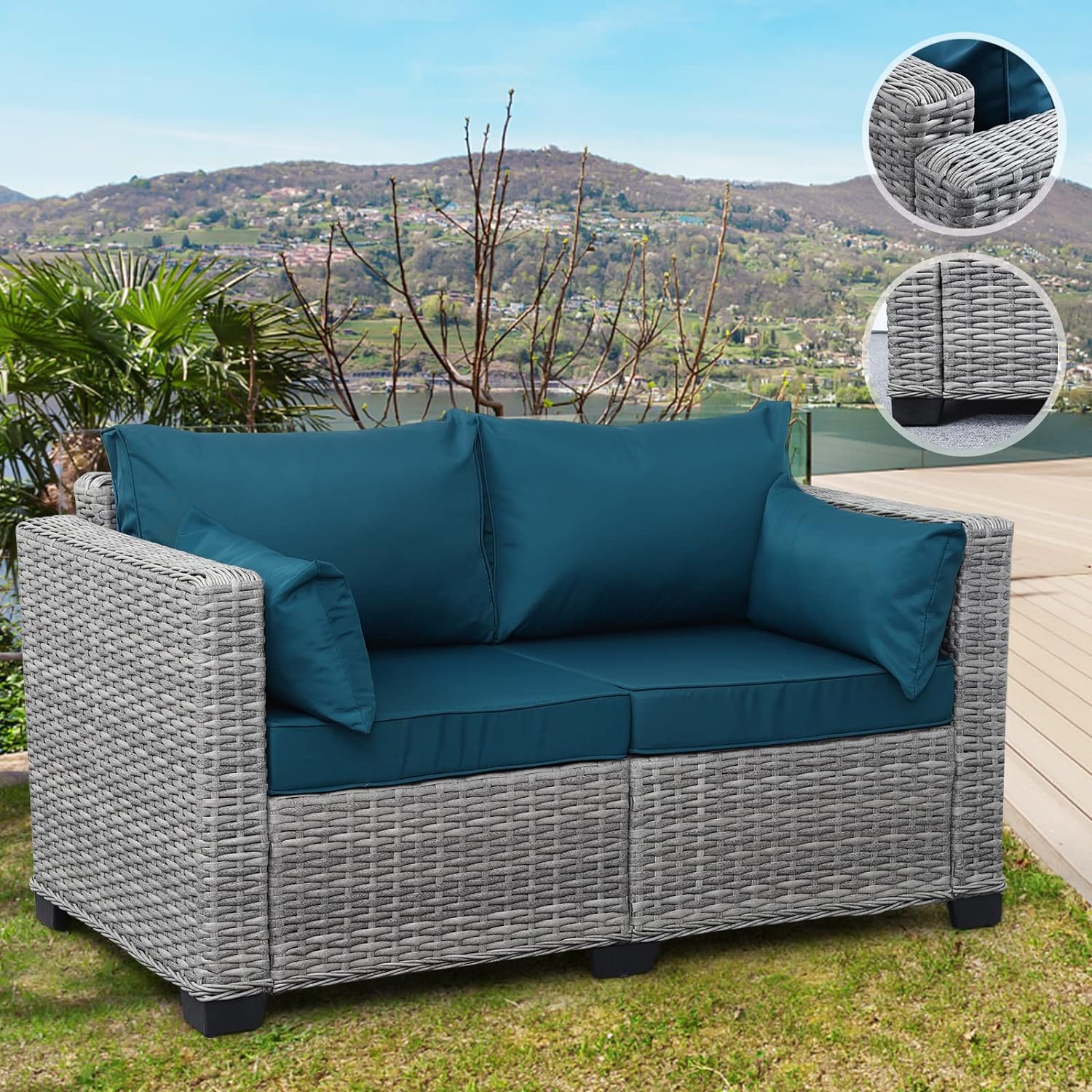 Rattaner Outdoor Furniture Loveseat Sofa Balcony Furniture Outdoor Loveseat 2 Seater Couch Small Sofa with Anti-Slip Outdoor Cushion Lumbar Pillow and Furniture Cover, Peacock Blue