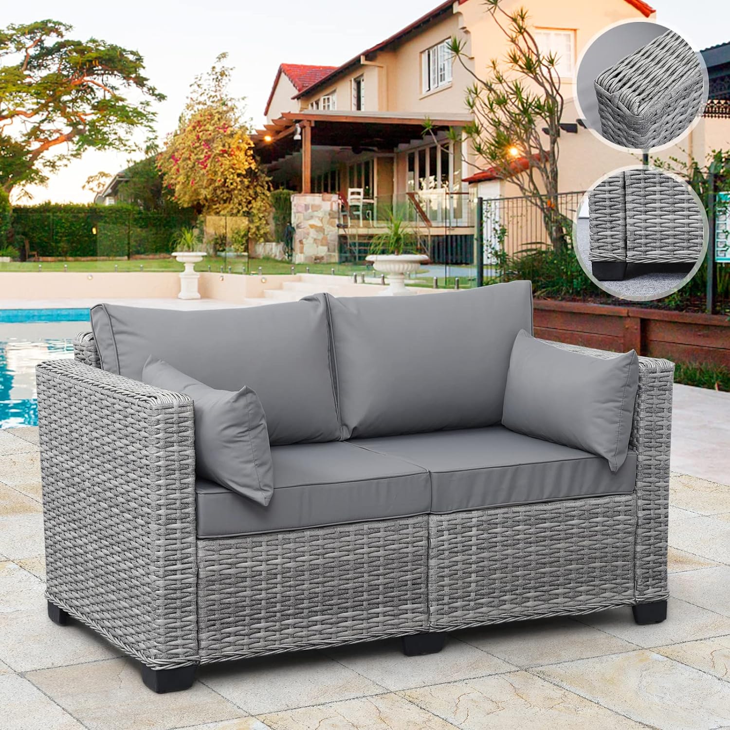 Rattaner Outdoor Furniture Loveseat Sofa Balcony Furniture Outdoor Loveseat 2 Seater Couch Small Sofa with Anti-Slip Outdoor Cushion Lumbar Pillow and Furniture Cover, Grey