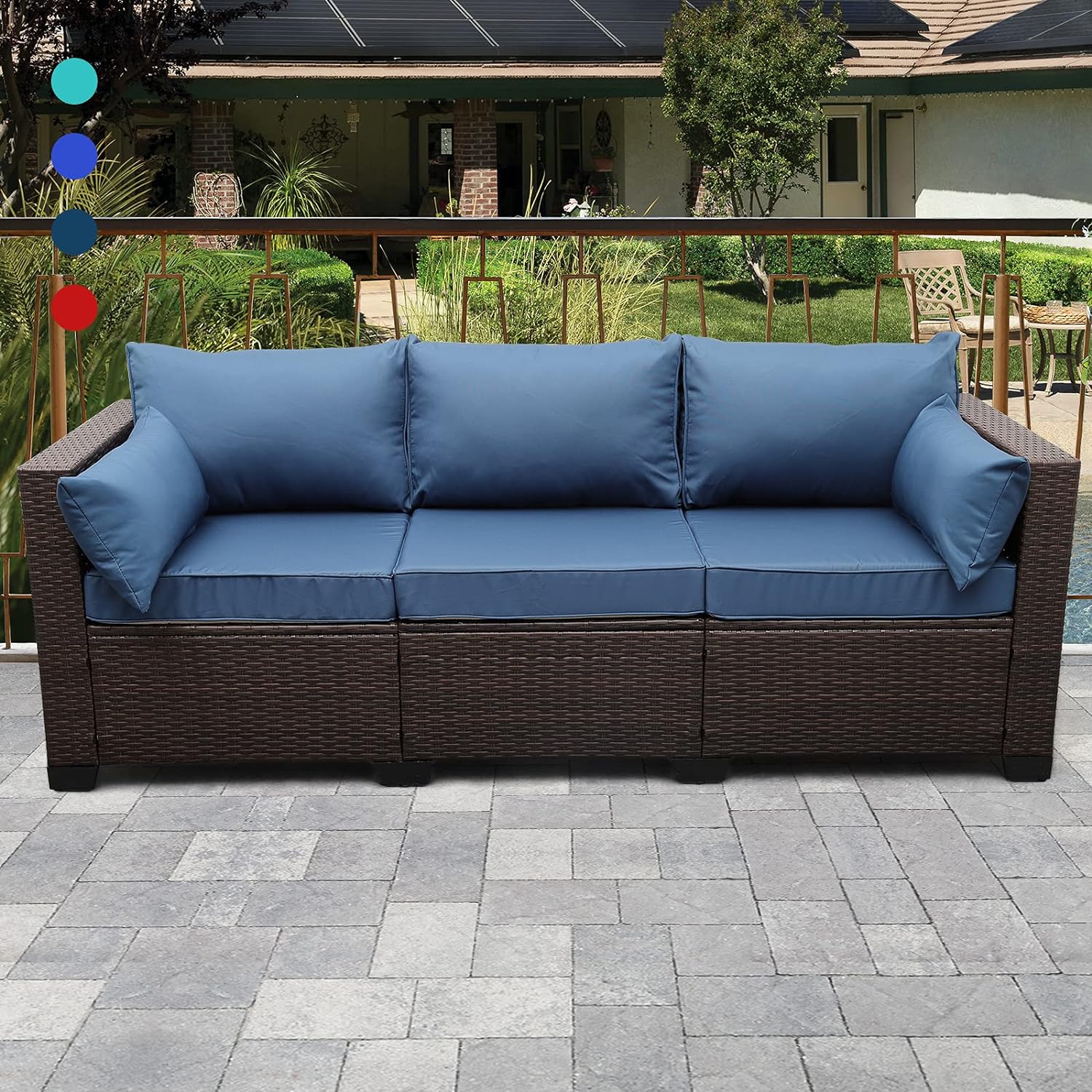 Rattaner 3-Seat Patio Wicker Sofa, Outdoor Rattan Couch Furniture Steel Frame with Furniture Cover and Deep Seat High Back, Blue Anti-Slip Cushion.