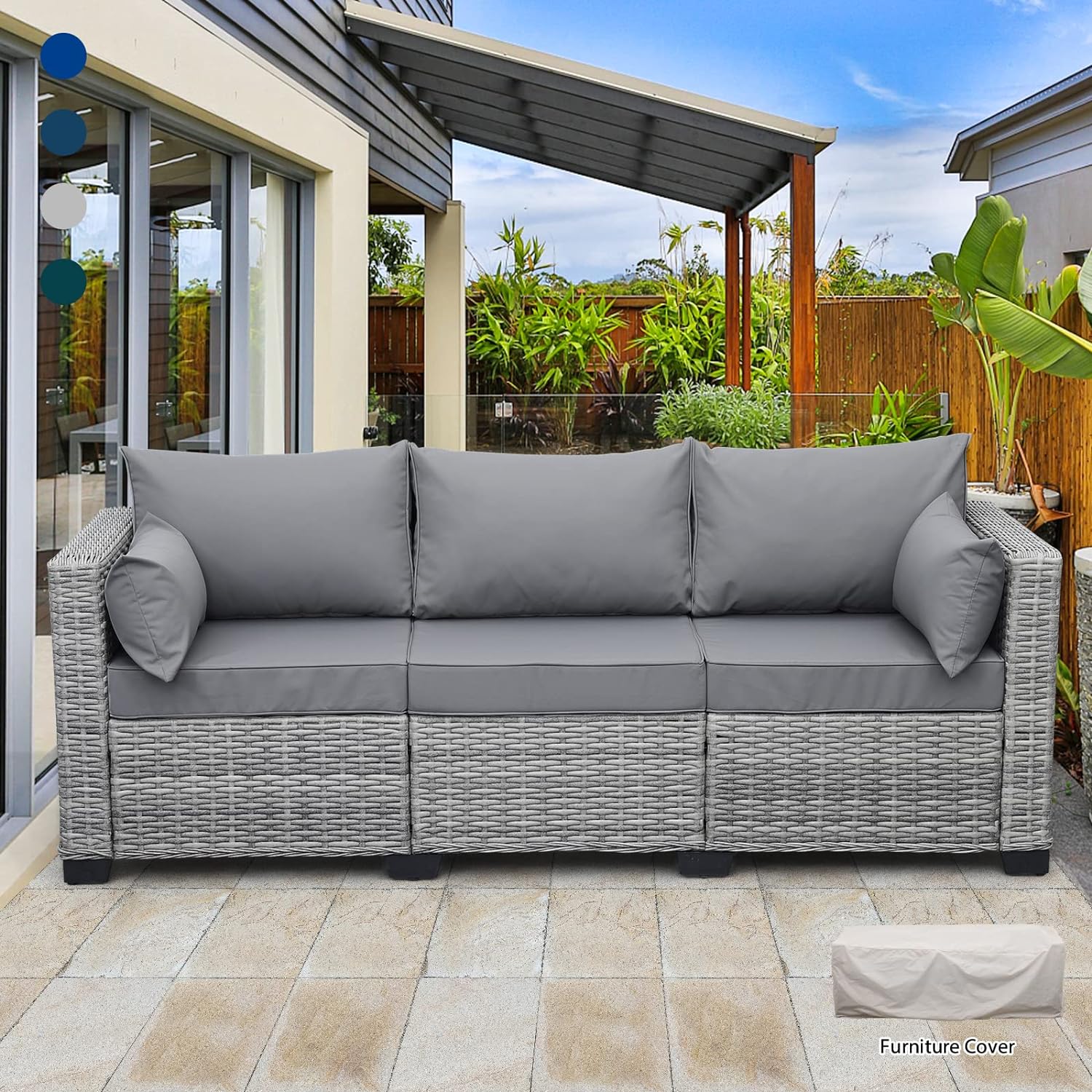 Rattaner Outdoor Furniture Outdoor Couch Grey Wicker Patio Furniture 3-seat Sofa Deep Seat Hight Backrest with Waterproof Cover and Anti-Slip Cushions, Grey
