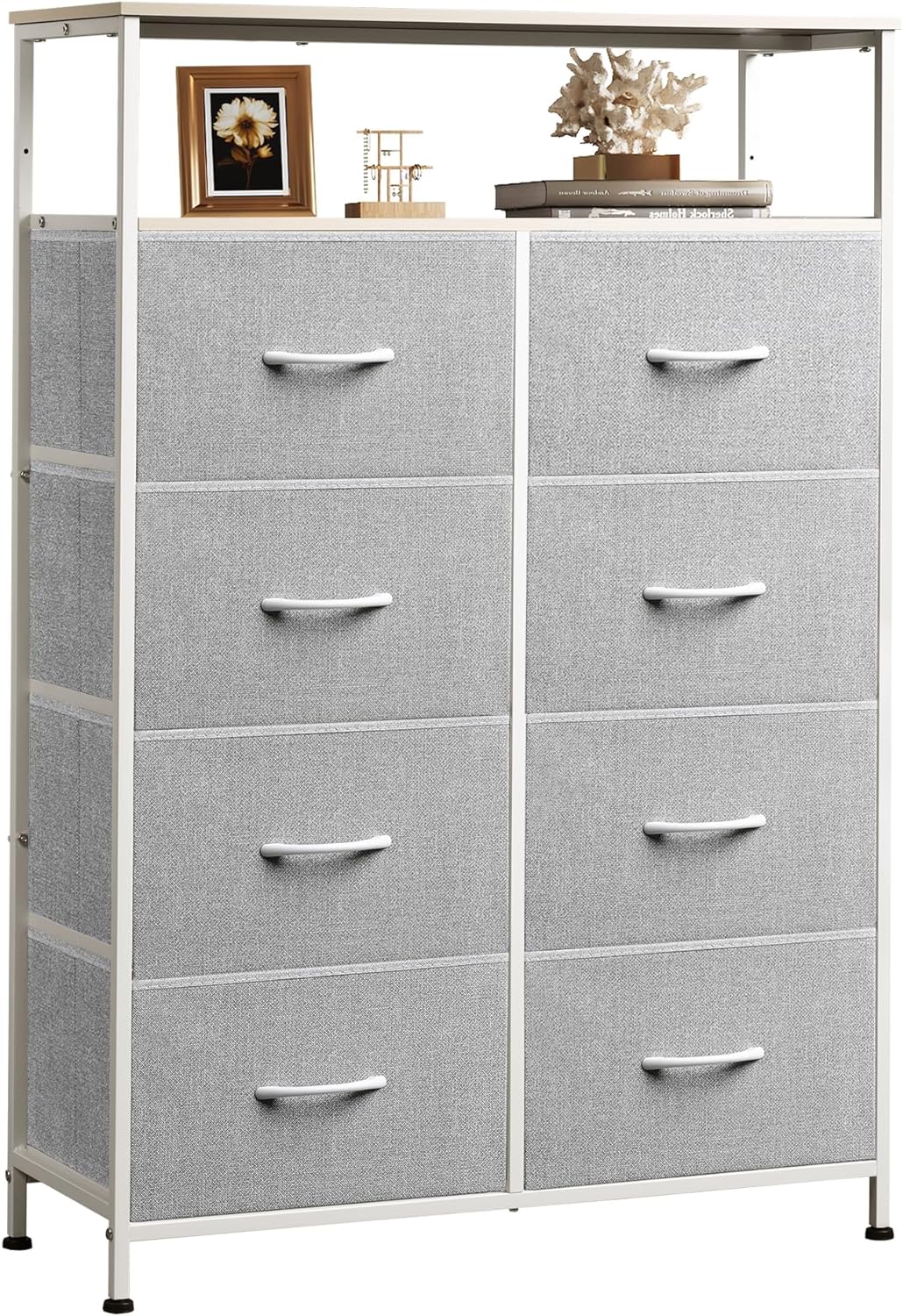 WLIVE Fabric Dresser for Bedroom with Open Shelves, Tall Dresser with 8 Drawers, Storage Tower with Fabric Bins, Chest of Drawers for Closet, Living Room, Hallway, Light Gray