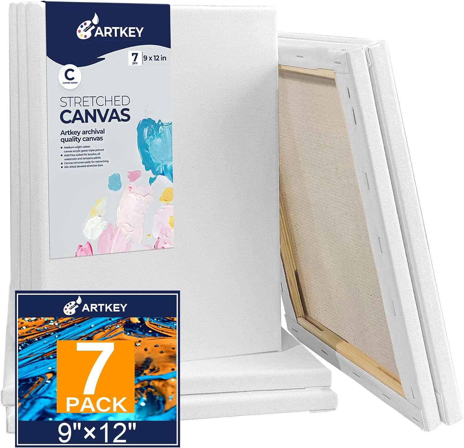 Stretched Canvases for Painting 9x12 Inch 7-Pack, 10 oz Triple Primed Acid-Free 100% Cotton Blank Canvas, Rectangular Canvas for Oil Paint Acrylics Pouring & Wet Art Media