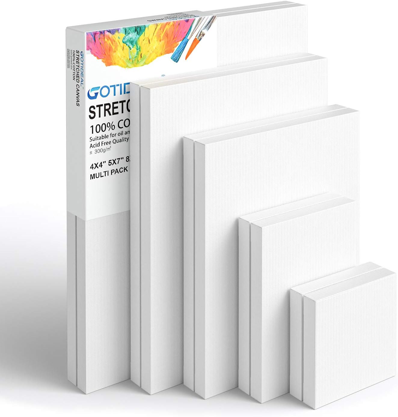 GOTIDEAL Stretched Canvas, Multi Pack 4x4, 5x7, 8x10,9x12, 11x14 Set of 10, Primed White - 100% Cotton Artist Canvas Boards for Painting, Acrylic Pouring, Oil Paint Dry & Wet Art Media