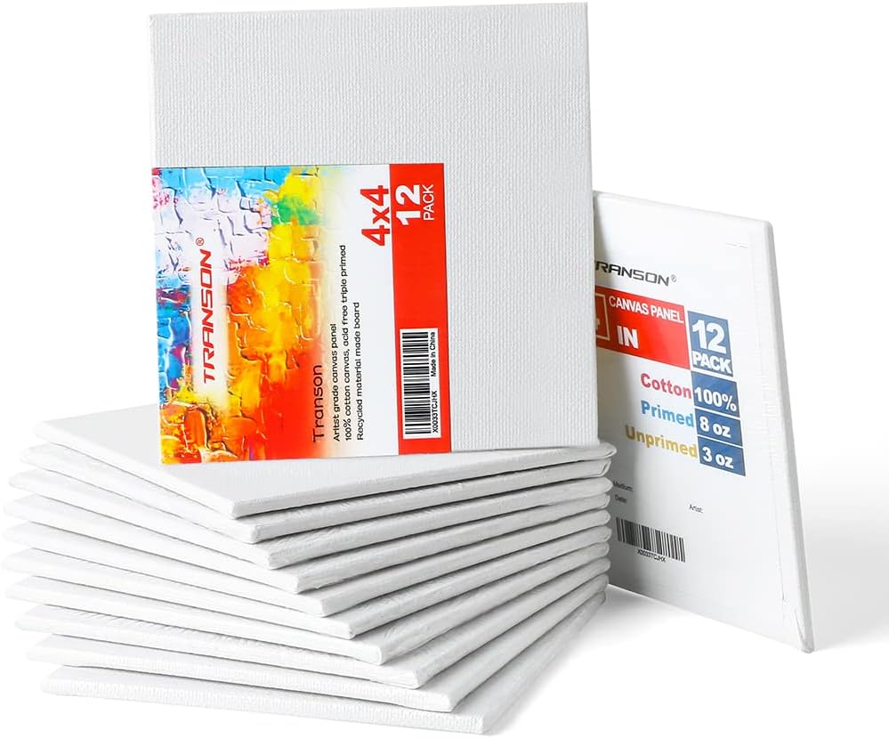 Transon 4x4 Artist Canvas for Painting MDF Board Painting Canvas No Warping 12Pack Acid-Free Primed