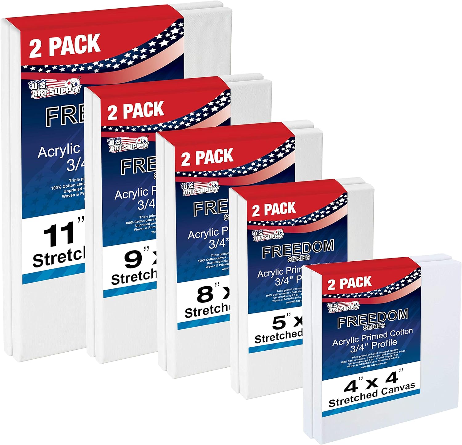 U.S. Art Supply Professional Quality Stretched Canvas, Multipack of 10 Small Sizes, 2 Each 4x4, 5x7, 8x10, 9x12, 11x14 Inches - 12-Ounce Primed, 3/4, 100% Cotton - Painting, Acrylic Pouring, Oil