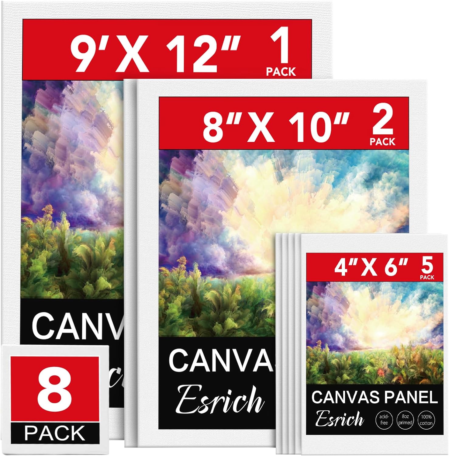 ESRICH Canvases for Painting 8Pack Painting Canvas with 9x12,8x10,4x6,Canvas Panels for Oil Paint,Watercolor,Acrylic Paint,Gouache and Tempera.