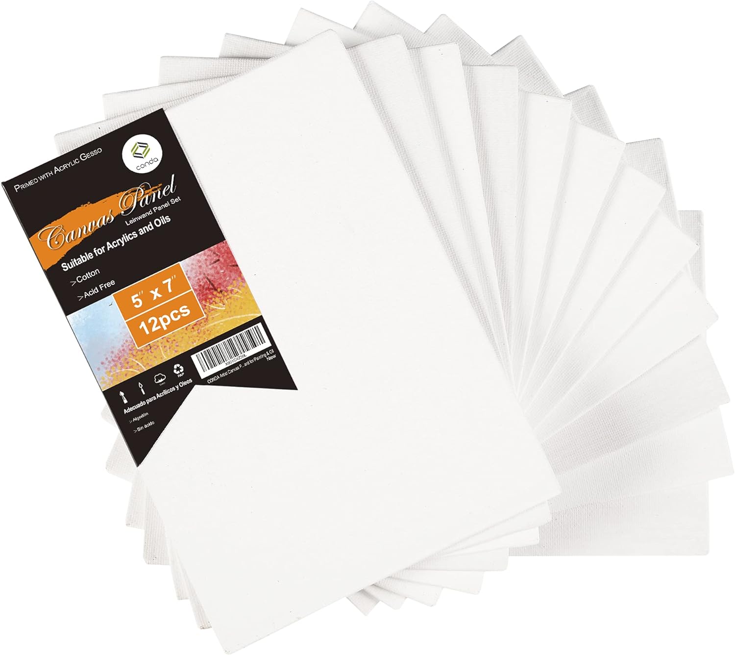 conda Artist Canvas Panels 5 x 7 inch, 12 Pack, Primed, 100% Cotton, Artist Quality Acid Free Canvas Board for Painting & Oil