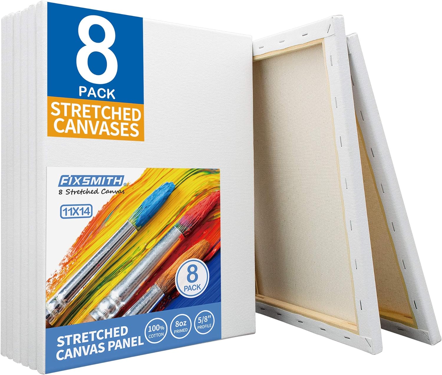 FIXSMITH Stretched White Blank Canvas - 11x14 Inch, 8 Pack, Primed,100% Cotton,5/8 Inch Profile of Super Value Pack for Acrylics,Oils & Other Painting Media