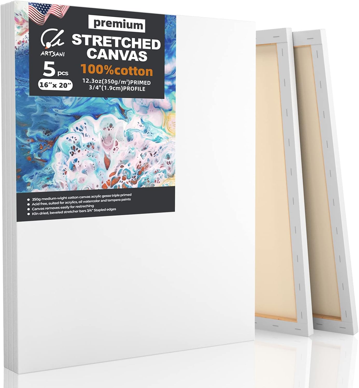 Stretched Canvases for Painting 5 Pack 16x20 Inch, 100% Cotton 12.3 oz Triple Primed Painting Canvas, 3/4 Profile Acid-Free Large Paint Canvas Blank Canvas for Acrylic Pouring Oil Watercolor Painting