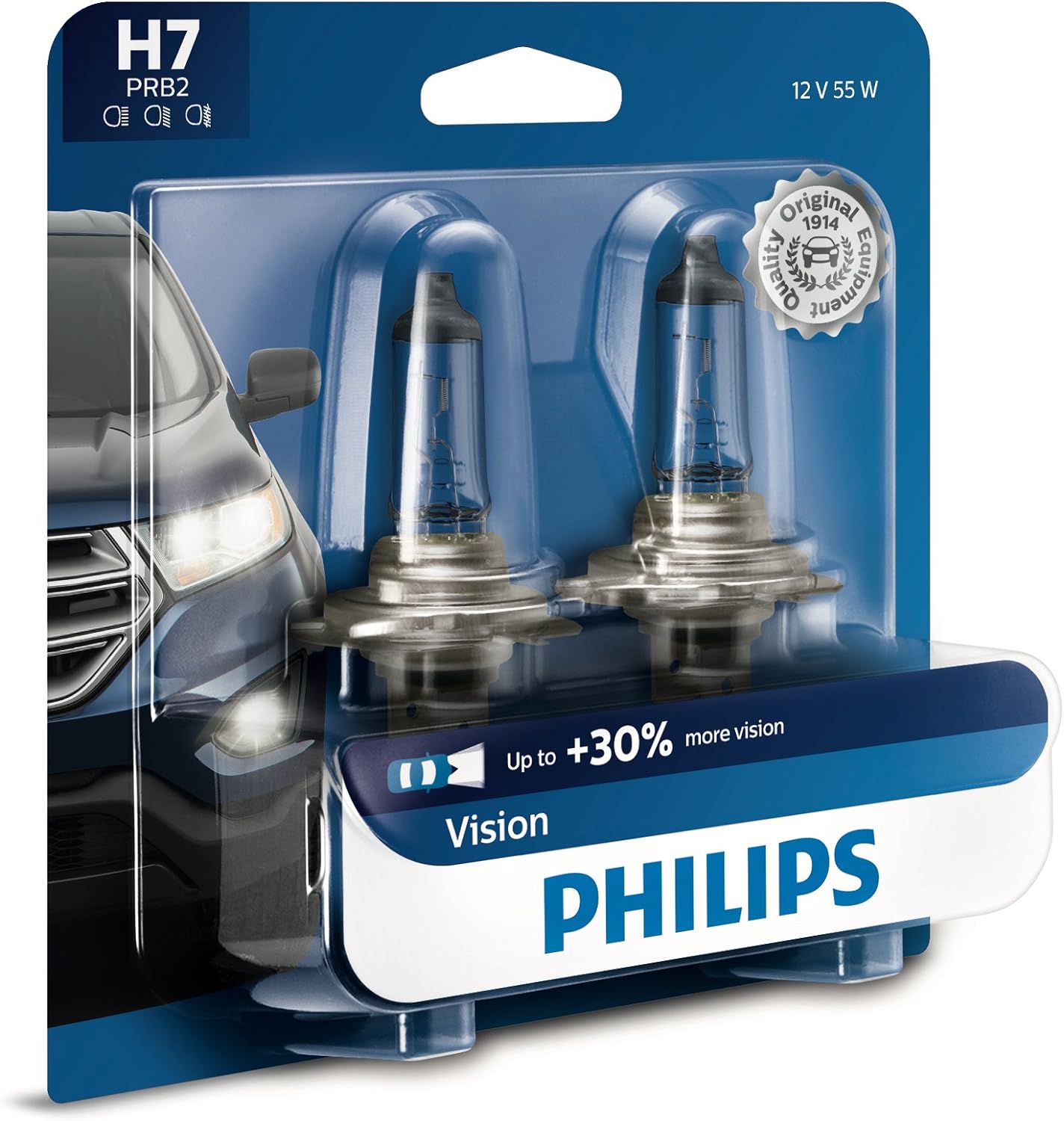 Philips H7 Vision Upgrade Headlight Bulb with up to 30% More Vision, 2 piece (Pack of 1)