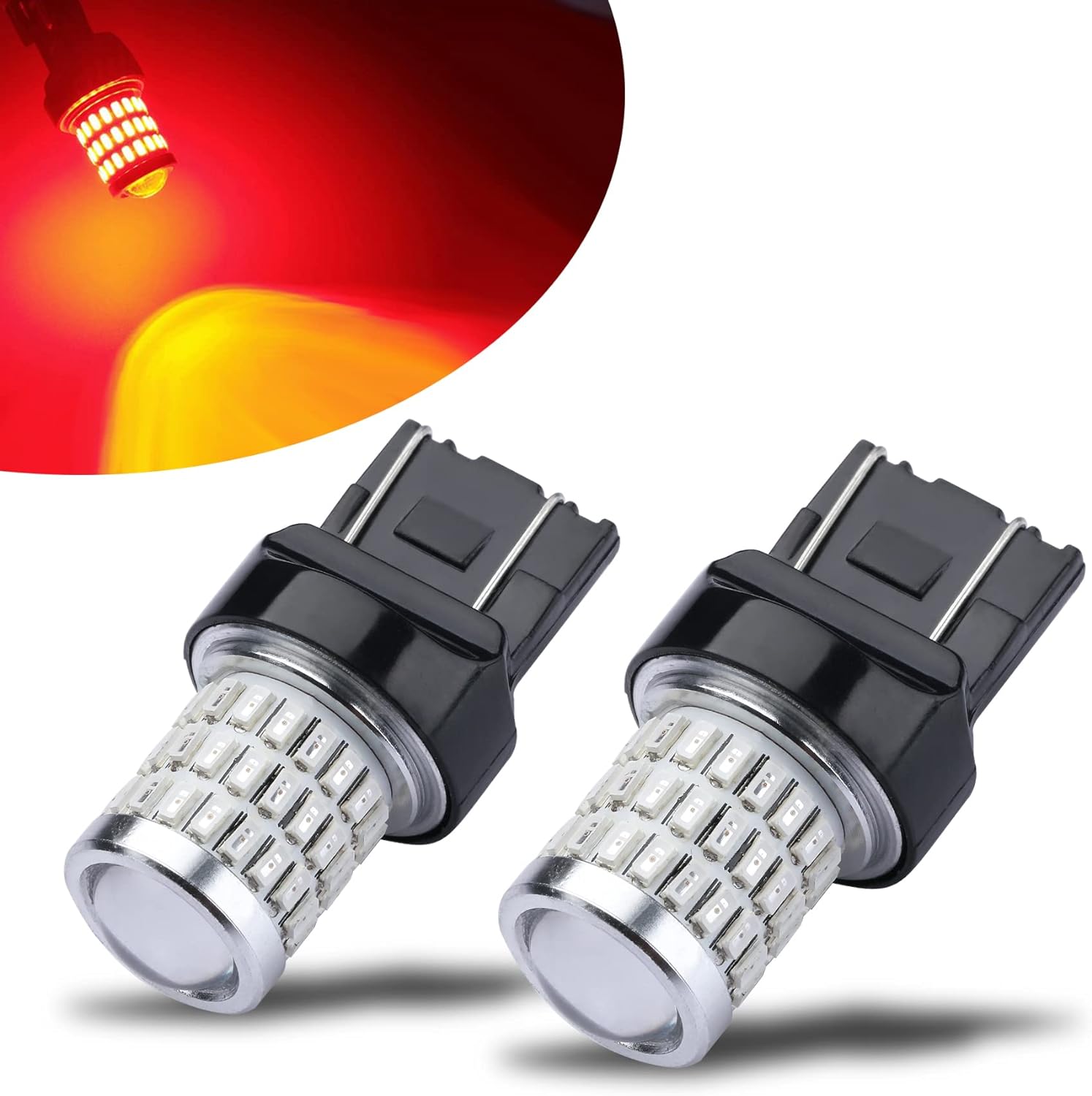 iBrightstar Newest 9-30V Super Bright Low Power 7443 7440 T20 LED Bulbs with Projector Replacement for Tail Brake Lights Turn signal Lights, Brilliant Red