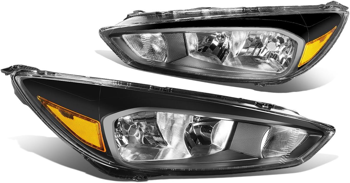 DNA MOTORING HL-OH-FF16-BK-AM Pair Black Housing Amber Corner Headlights Replacement For 15-18 Focus Fits Halogen Headlight Models