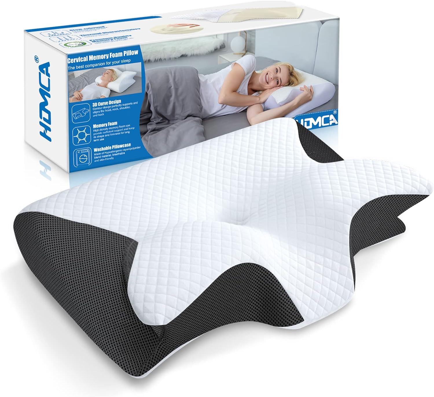 HOMCA Memory Foam Cervical Pillow, 2 in 1 Ergonomic Contour Orthopedic Pillow for Neck Pain, Contoured Support Pillows for Side Back Stomach Sleepers