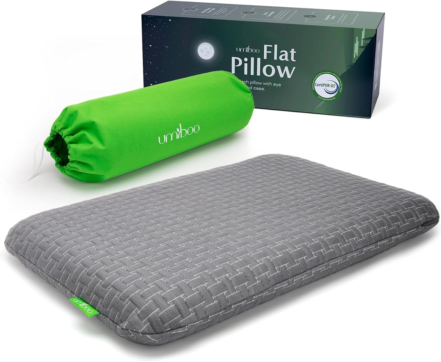 Thin Gel Memory Foam Ultra Thin Pillow | Low Profile Thin Flat Pillow 2.6 Inch Flat Pillows for Sleeping | Stomach Sleeper Pillows | Includes Polyester Bamboo Cover, Case for Travel, Eye mask.