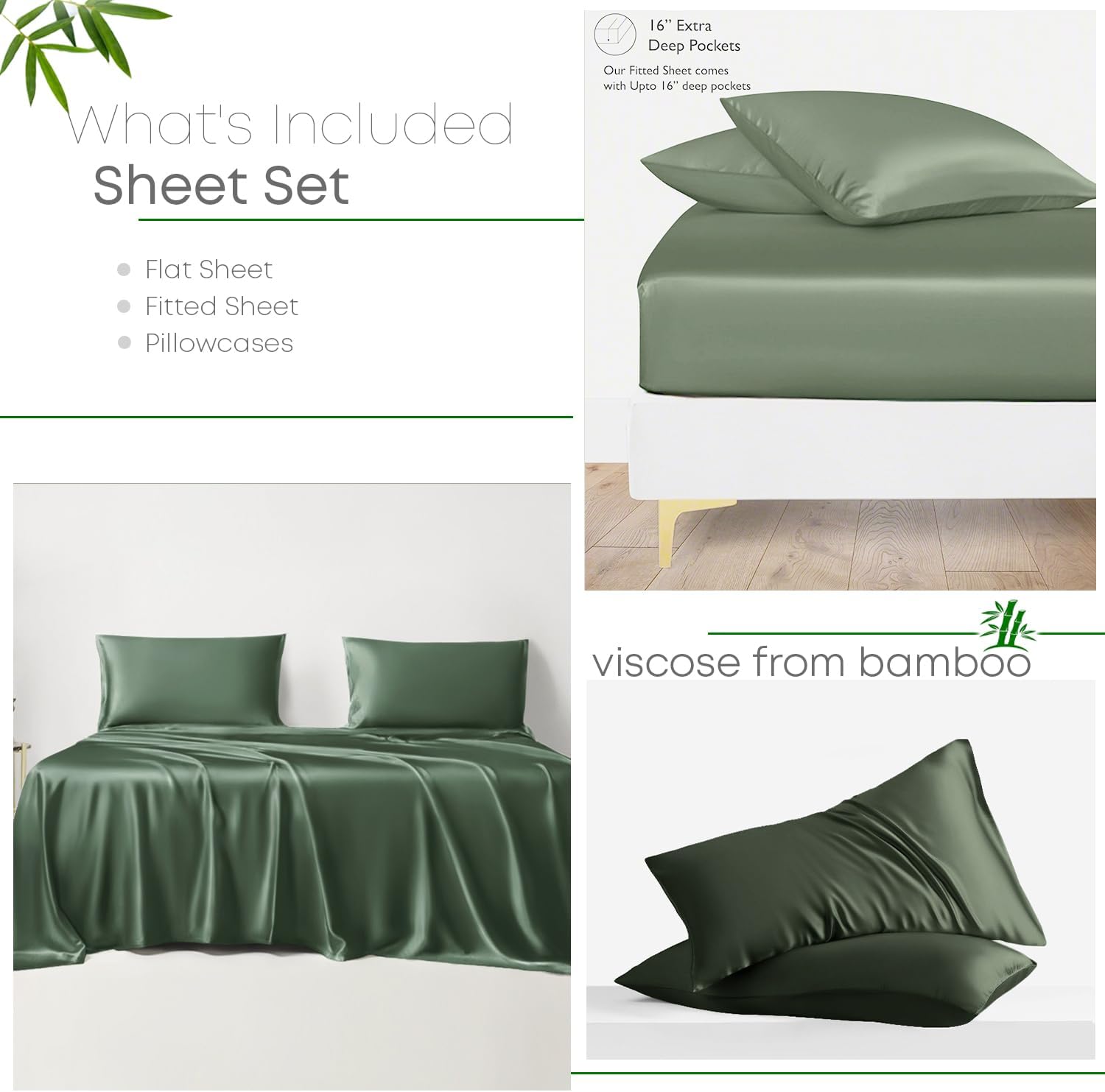 Linenwalas Queen Size 4 Piece Bedding Sheet Set  Viscose from Bamboo Silk Sheets, Breathable & Cooling Bed Sheet  Hotel Luxury, Soft, Deep Pocket Anti Pilling Sheets (Avocado Green, Queen)