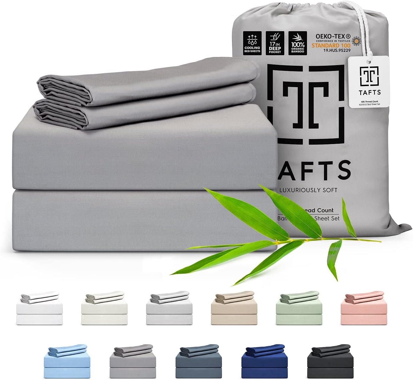 Tafts Bamboo Sheets Queen Size Bed Sheet Set, Pure 100% Organic Bamboo Viscose, 17 Inch Deep Pockets  Luxuriously Soft, Silky, Cooling Sheets, Double Stitched, Lifetime Quality Guarantee (Grey)