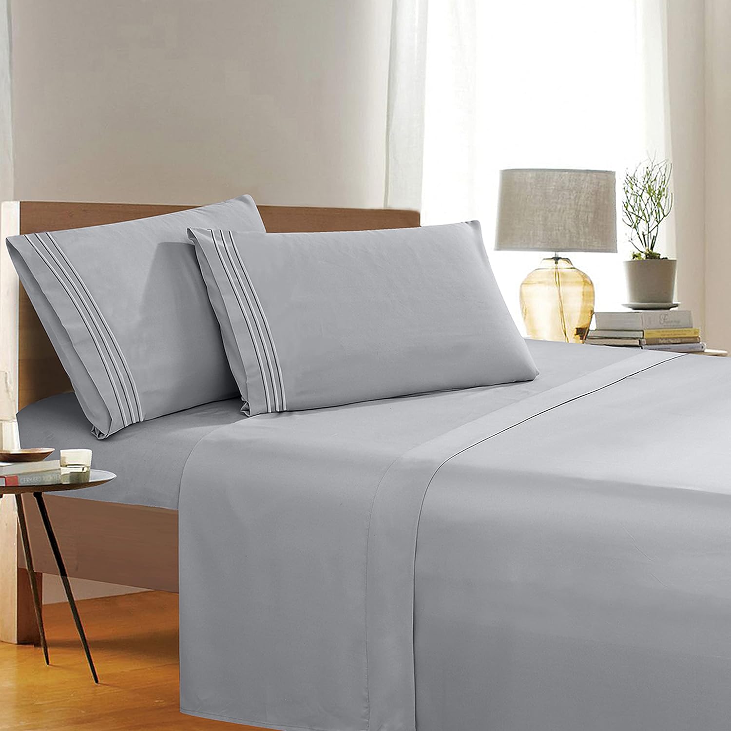 Elegant Comfort 1500 Thread Count Wrinkle & Fade Resistant Egyptian Quality 4-Piece Ultra Soft Luxurious Bed Set Includes Flat, Fitted Sheet and 2 Pillowcases, Full, Classic Silver