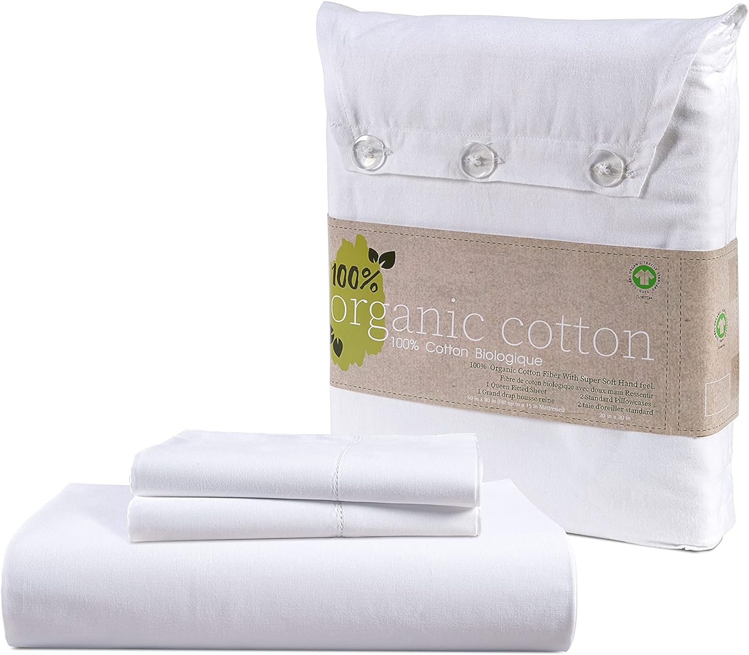 LANE LINEN Twin Fitted Sheets, 100% Organic Cotton 2-Piece Set (1 Fitted Sheet, 1 Pillowcase), Percale Weave, Bottom Sheet, Soft, Breathable, Fits Mattress Upto 15' Deep - White (No Flat Sheet)