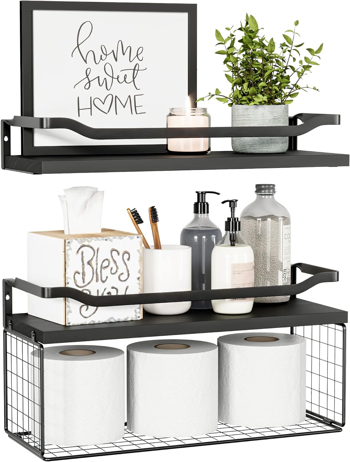 WOPITUES Floating Shelves with Wire Storage Basket, Bathroom Shelves Over Toilet with Protective Metal Guardrail, Wood Wall Shelves for Bathroom, Bedroom, Living Room, Toilet Paper-Black