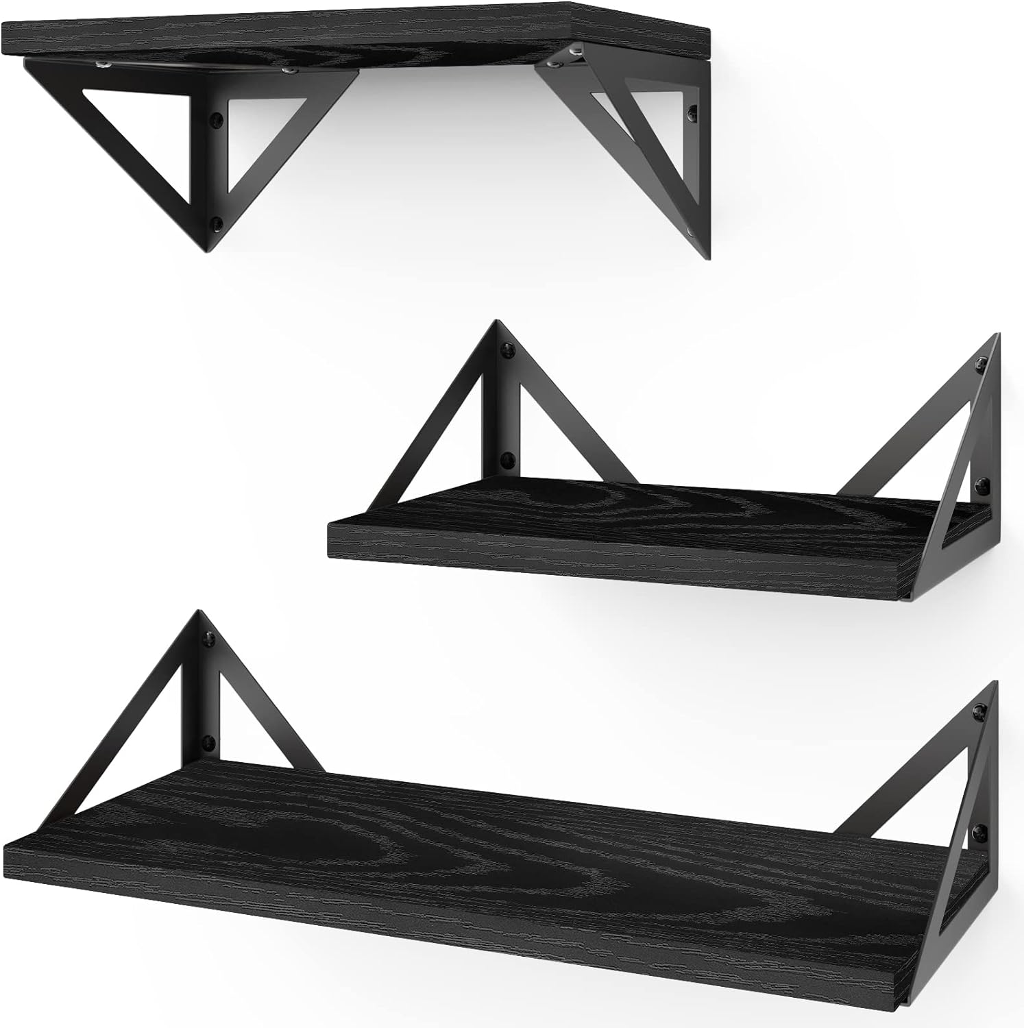 BAYKA Floating Shelves for Bedroom Decor, Rustic Wood Wall Shelves for Living Room Wall Mounted, Hanging Shelving for Bathroom, Laundry Room, Small Shelf for Plants, Books(Black,Set of 3)