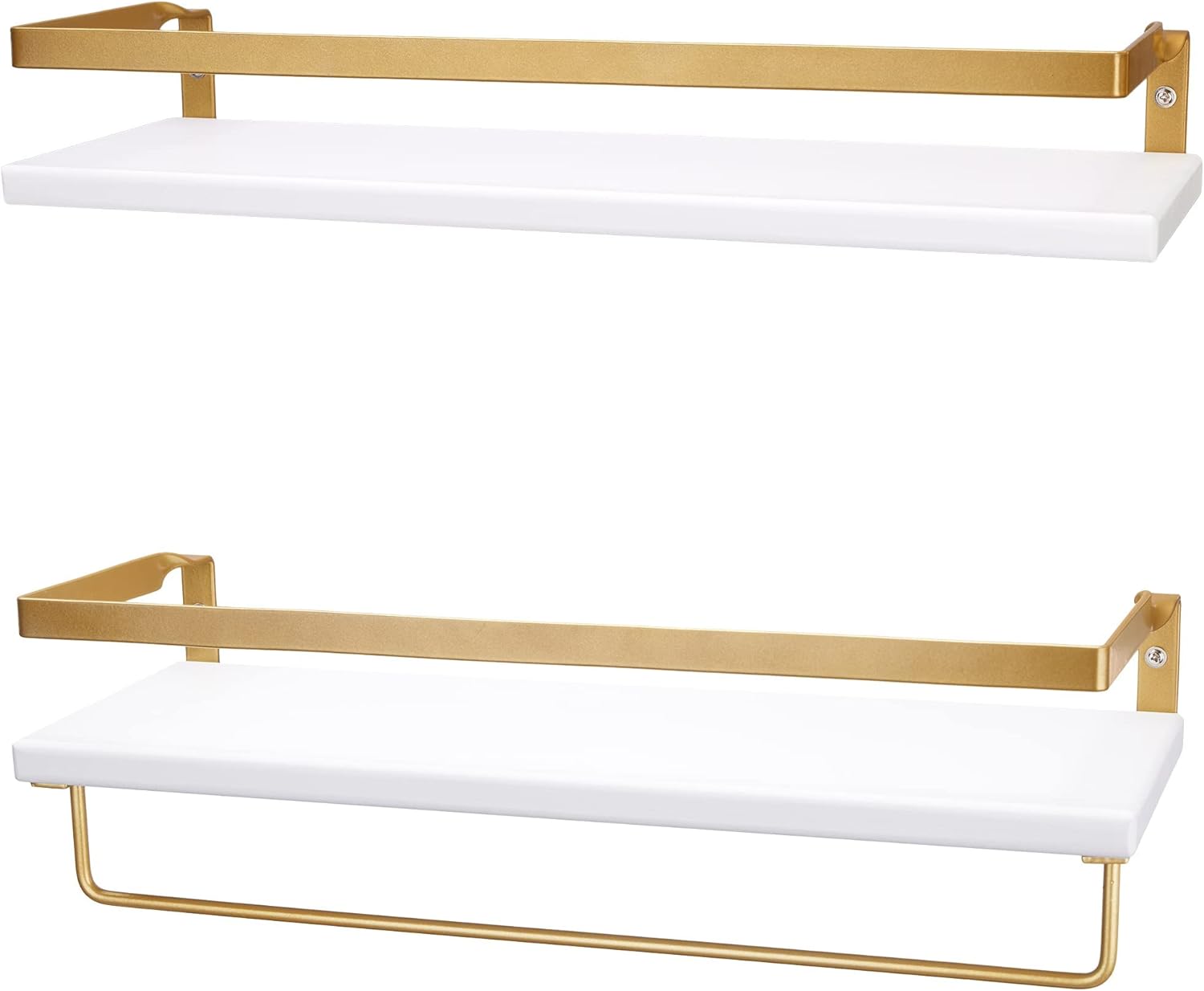 Peter' Goods Modern Floating Shelves with Rail, Modern Brass Finish, Set of 2 Shelves - Wall Mounted Bathroom Wall Shelves with Towel Bar - Also Perfect for Bedroom Decor and Kitchen Storage