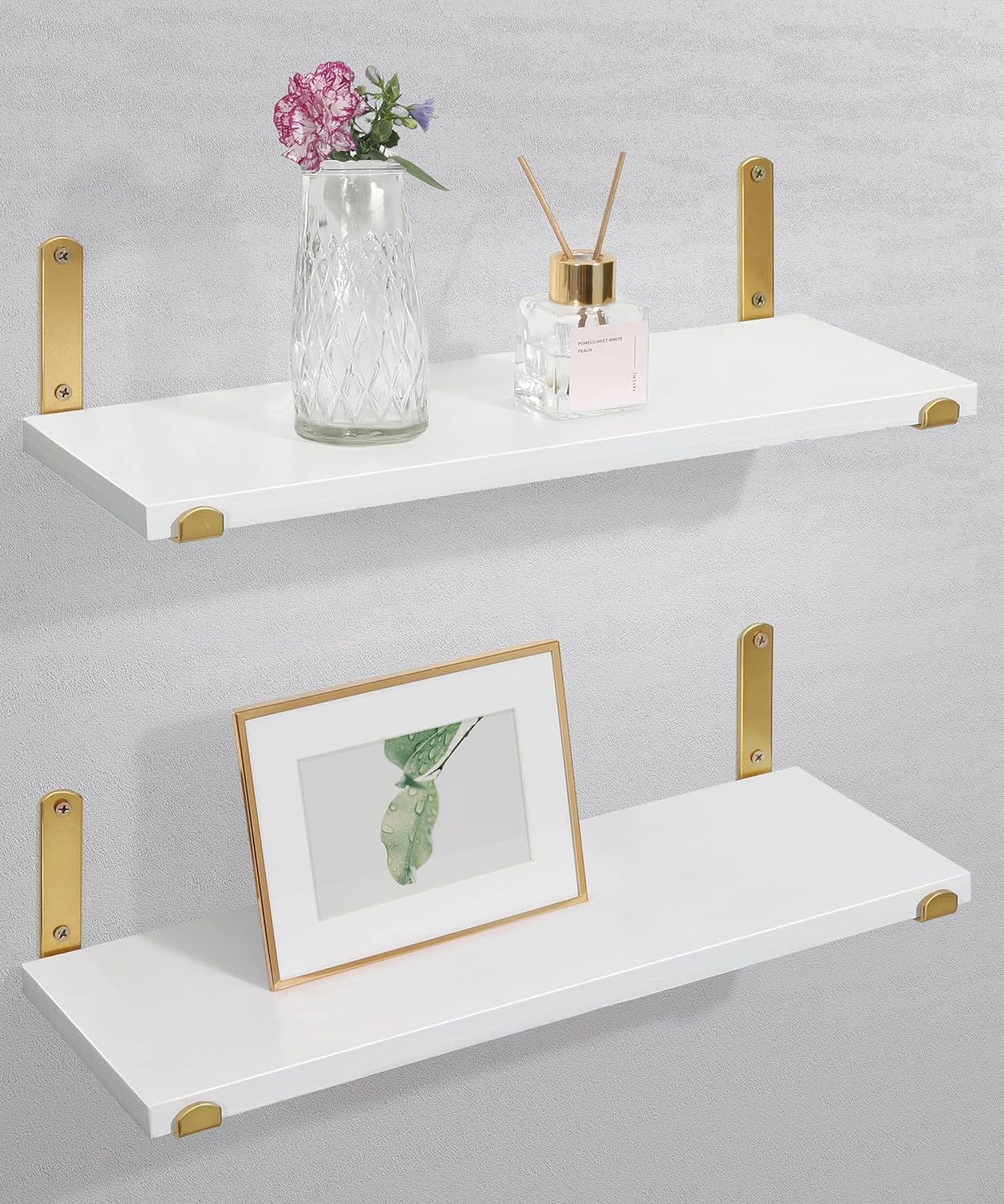 Afuly Gold Floating Shelves White Shelves for Wall, Wall Mounted Shelves for Bedroom Bathroom Living Room, Floating Book Shelves Wall Display Shelves Wood, Set of 2