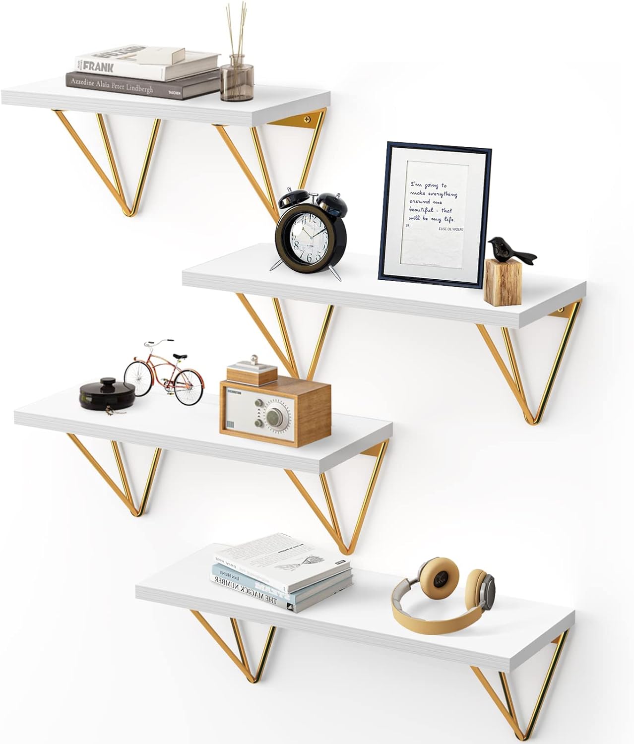 Fixwal 4 Set White Floating Shelves Wall Shelves, Shelves for Wall Decor, White Wall Shelves with Golden Metal Brackets for Bedroom, Living Room, Bathroom, Kitchen, Office Decor