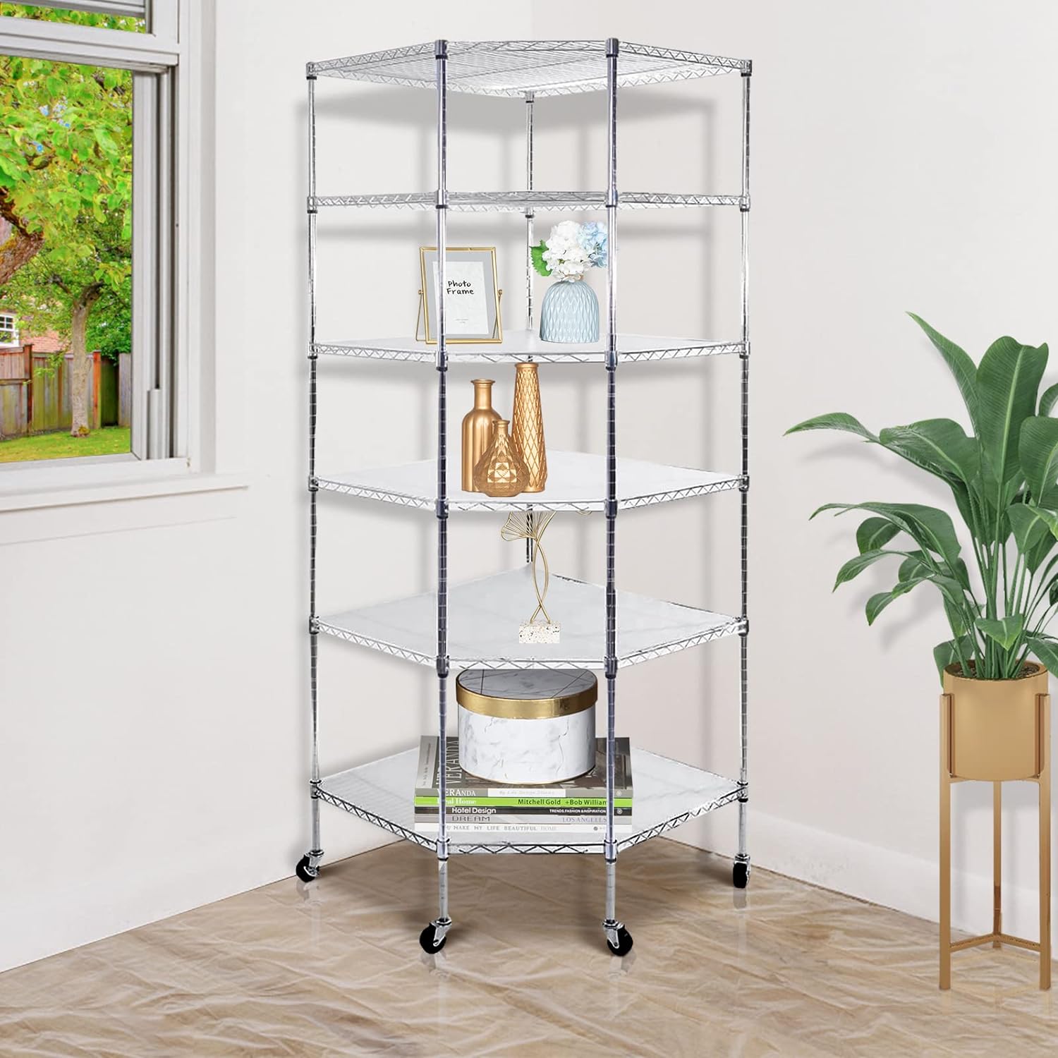 6 Tiers Corner Shelf, Adjustable Metal Storage Wire Shelving Unit Corner Rack Corner Shelving, Free Standing Corner Storage Rack Display with Wheels for Garage Living Room, Bathroom, Kitchen