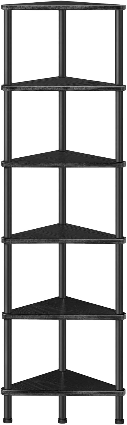 Corner Shelf, Industrial 6-Tier Wall Corner Bookshelf with Metal Frame, Corner Shelf Stand Display Plant Flower, Corner Bookcase for Small Spaces, Living Room, Black BK36CJ01