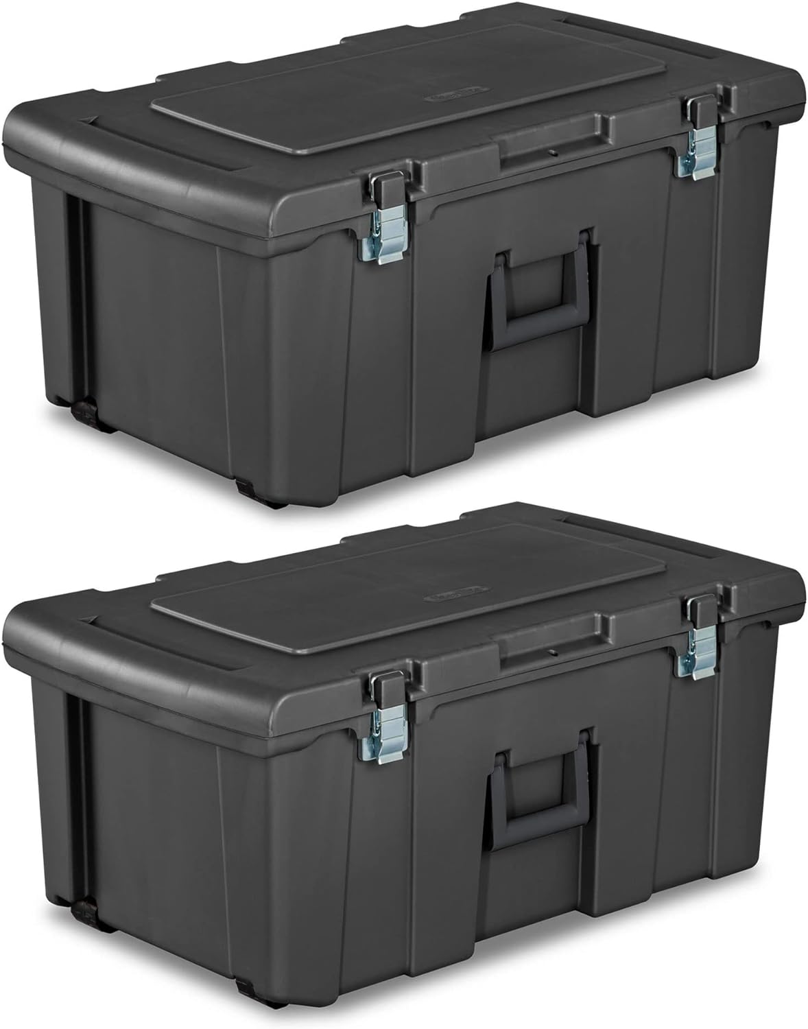 Sterilite Heavy Duty 16 Gallon Portable Large Plastic Footlocker Storage Container with Handles and Wheels for Dorms and Apartments, Flat Gray (2Pack)