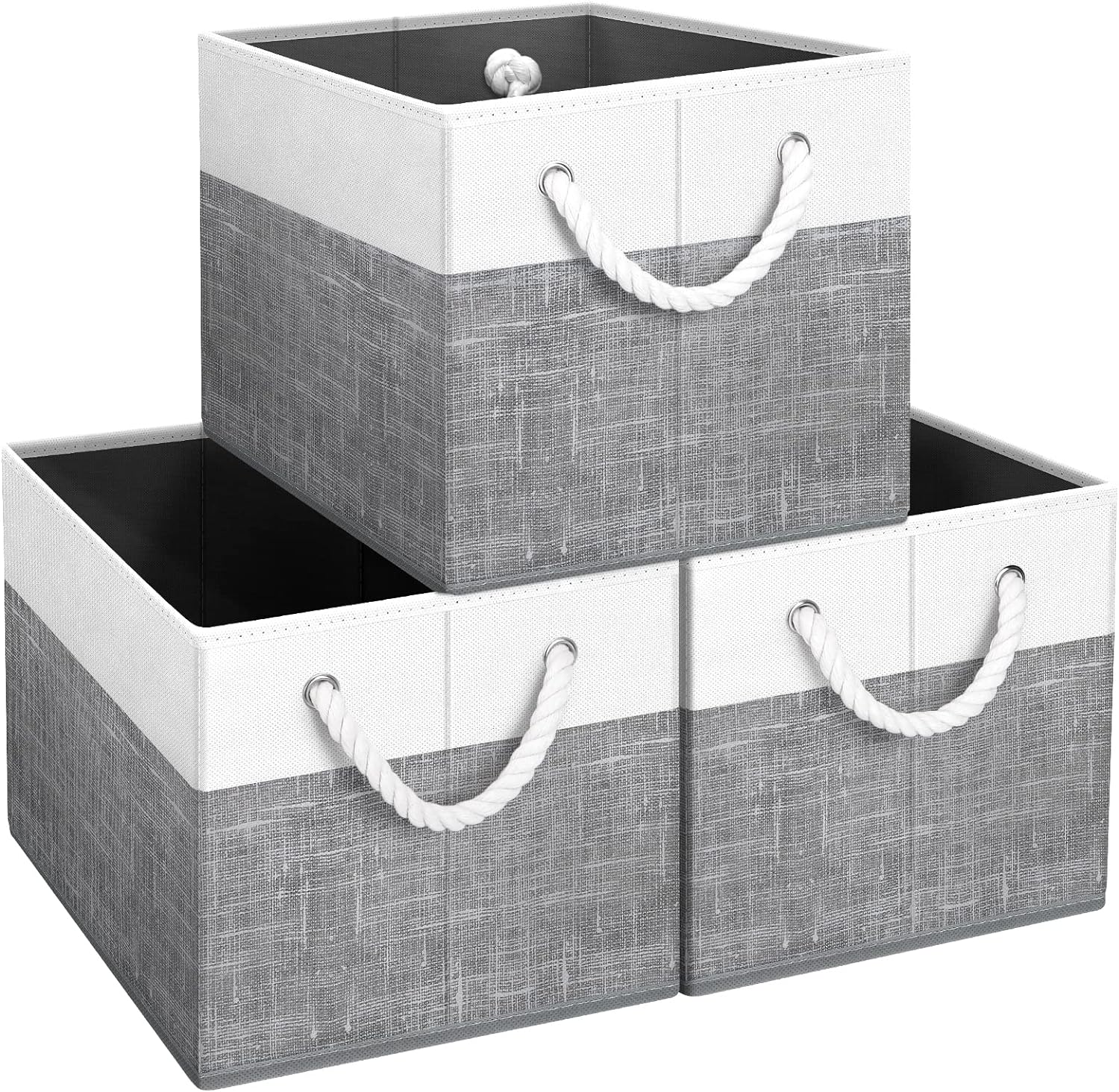 Fab totes Storage Bins [3-Pack], Foldable Storage Baskets for Organizing Toys, Books, Shelves, Closet, Large Storage Box with Rope Handles, Sturdy Organizer Bins, White & Grey