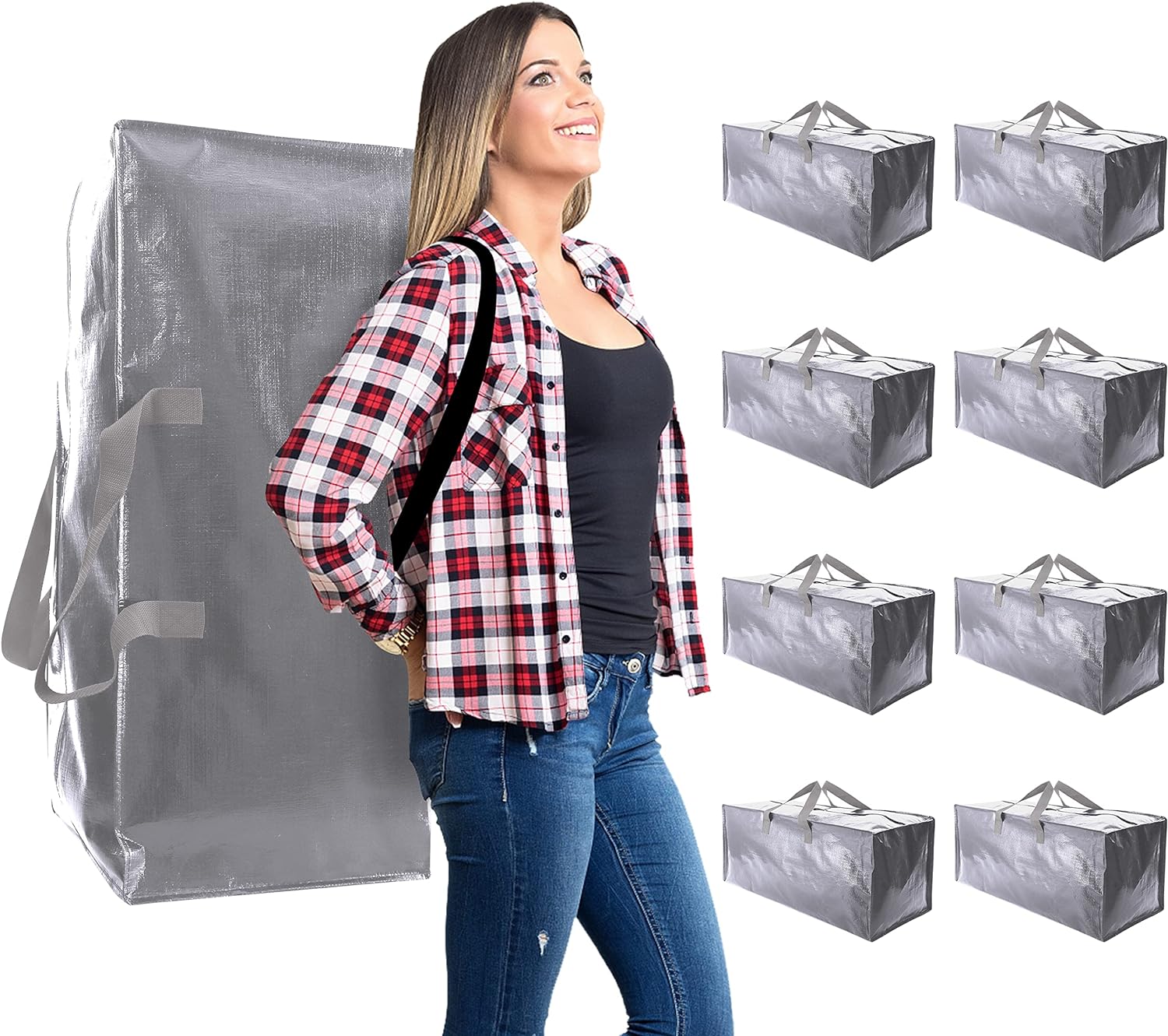 Heavy Duty Moving Bags, Extra Large Storage Totes W/Backpack Straps Strong Handles & Zippers, Alternative to Moving Boxes, Moving Supplies for Dorm Room Essentials (Silver, 8 Pack)