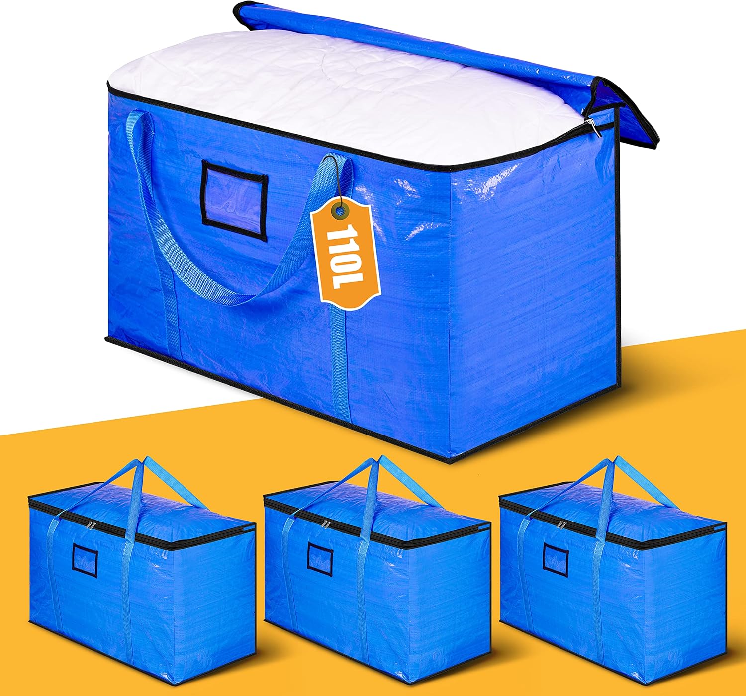 SLEEPING LAMB 110L Extra Large Moving Bags Heavy Duty Reusable Moving Totes Boxes Storage Containers for Clothes Comforters Blankets, Carrying, Travelling, College Dorm Packing, 4 Packs, Blue