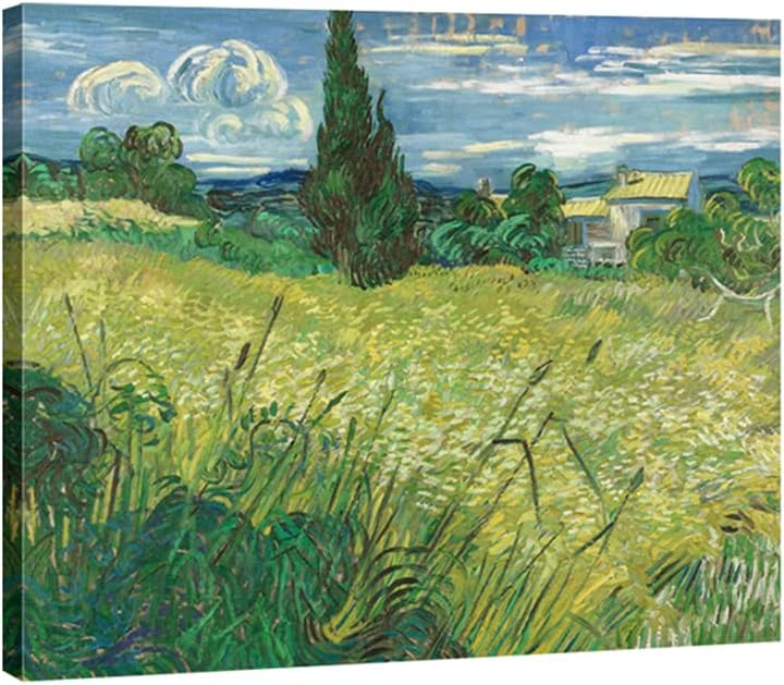 Wieco Art Modern Abstract Giclee Canvas Prints Wall Art Green Field 1889 by Van Gogh Famous Oil Paintings Reproduction Artwork Stretched and Framed Landscape Picture for Kitchen Home Office Decoration