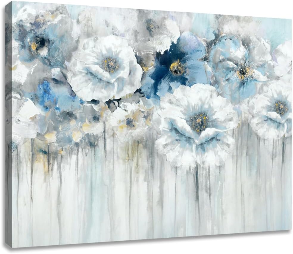 Living room Wall Art Abstract Flowers - White Floral Painting Artwork on Canvas with Gold Pictures for Blue Gray Bedroom Decor 32x24