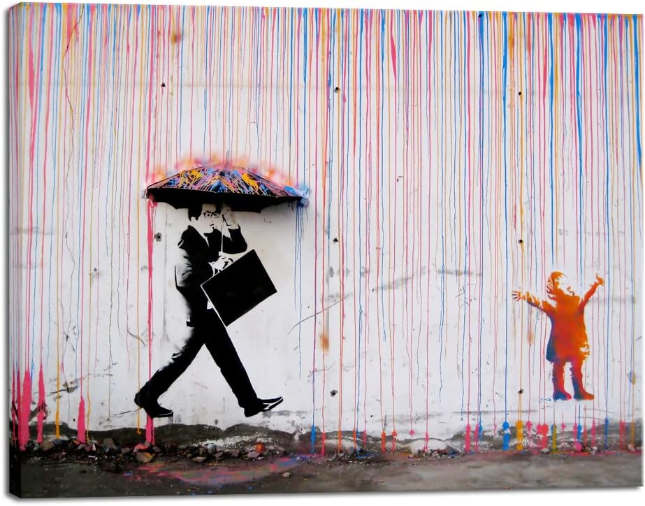 Wieco Art Banksy Raining Day or Colorful Graffiti Street Famous Canvas Paintings Wall Art Modern Inspirational Grey Love Pictures Print Artwork for Dining Room Kitchen Home Office Decor