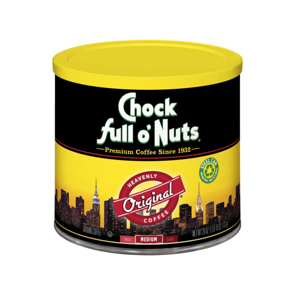 Chock Full oNuts Original Roast Ground Coffee, Medium Roast  Coffee Beans  Smooth, Full-Bodied Medium Blend with A Rich Flavor (26 Oz. Can)