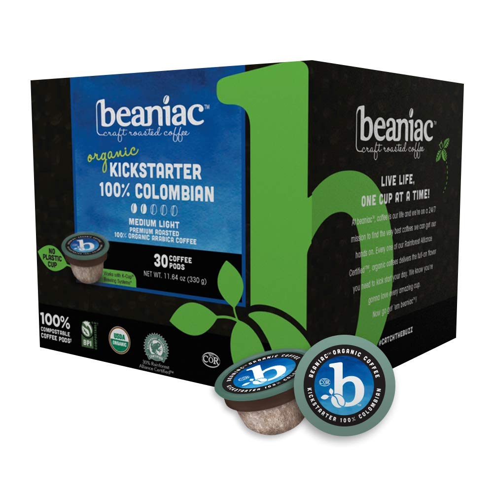 beaniac Organic Kickstarter 100% Colombian, Medium Light Roast, Single Serve Compostable K Cup Coffee Pods, Organic Arabica Coffee, Keurig Brewer Compatible, 30 Count