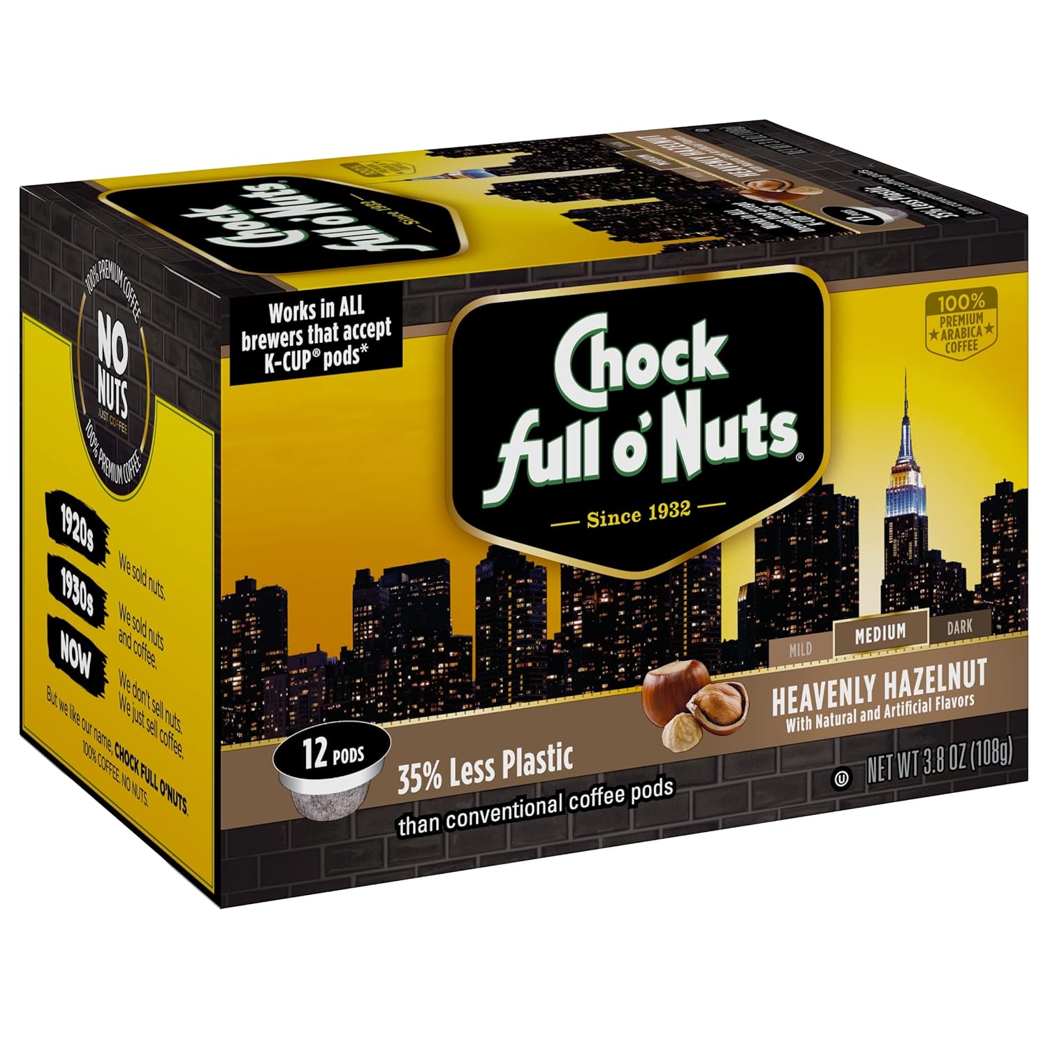 Chock Full oNuts Heavenly Hazelnut Medium Roast, K-Cup Compatible Pods (12 Count) - Arabica Coffee in Eco-Friendly Keurig-Compatible Single Serve Cups