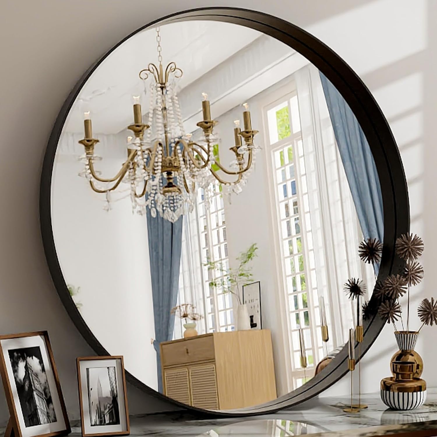 32 Inch Round Bathroom Mirror - Wall Mounted Circle Mirror with Metal Frame, Modern Mirror Suitable for Bathroom, Vanity, Entryway, Living Room, Wall Decor,Black