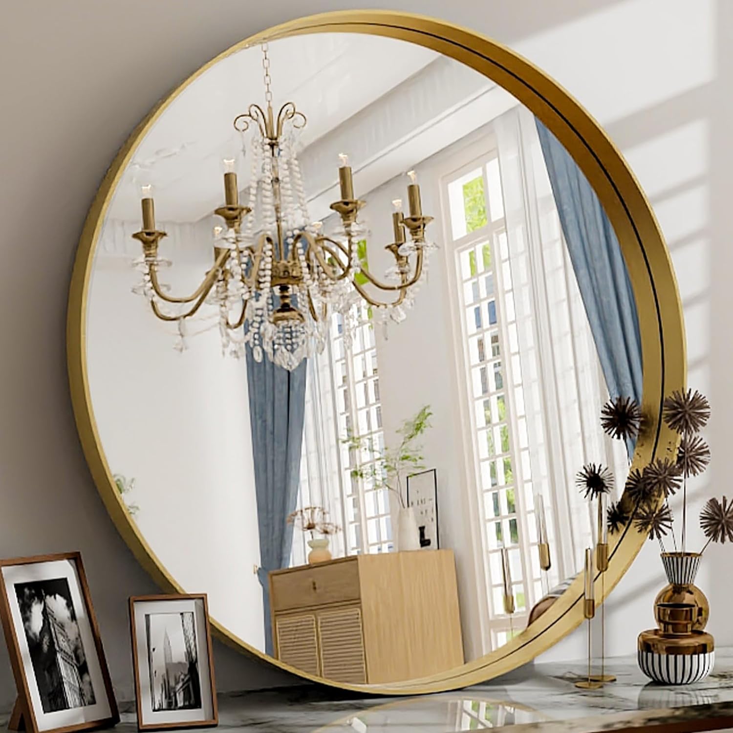 32 Inch Round Bathroom Mirror - Wall Mounted Circle Mirror with Metal Frame, Modern Mirror Suitable for Bathroom, Vanity, Entryway, Living Room, Wall Decor,Gold