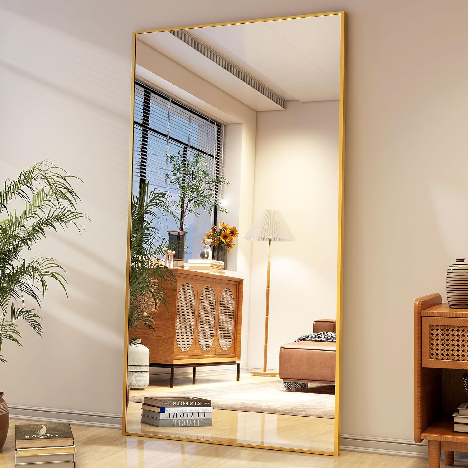 Full Length Mirror with Stand 34x76 Full Body Mirror Floor Mirror Standing Hanging or Leaning Wall, Wall Mirror with Stand Aluminum Alloy Frame for Living Room Bedroom Cloakroom,Gold