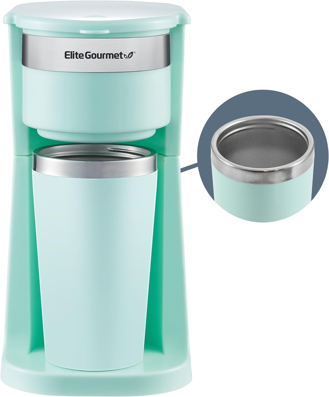 Elite Gourmet EHC117M Personal Single-Serve Compact Coffee Maker Brewer Includes 14Oz. Thermal Travel Mug with Stainless Steel Interior, Compatible with Coffee Grounds, Reusable Filter, Mint