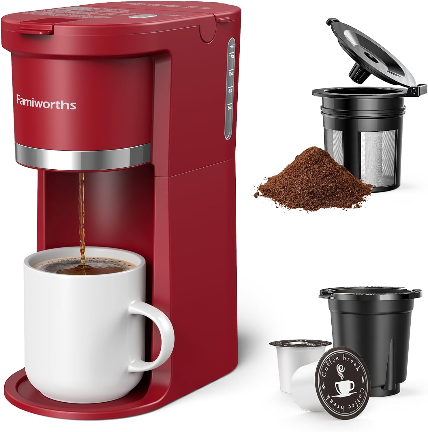 Famiworths Mini Coffee Maker Single Serve, Instant One Cup for K Cup & Ground Coffee, 6 to 12 Oz Brew Sizes, Capsule Coffee Machine with Water Window and Descaling Reminder, Vintage Red